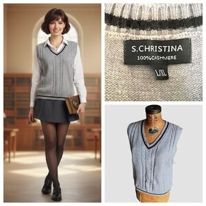 S. Christina 100% Cashmere Cable‎ Knit Sweater Vest Grey Preppy V-Neck Large NWT